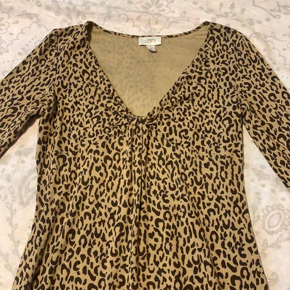Ann Taylor Loft Leopard Cheetah Print Plunge Midi Dress Gather Front Tan Sz 12 - Picture 4 of 7